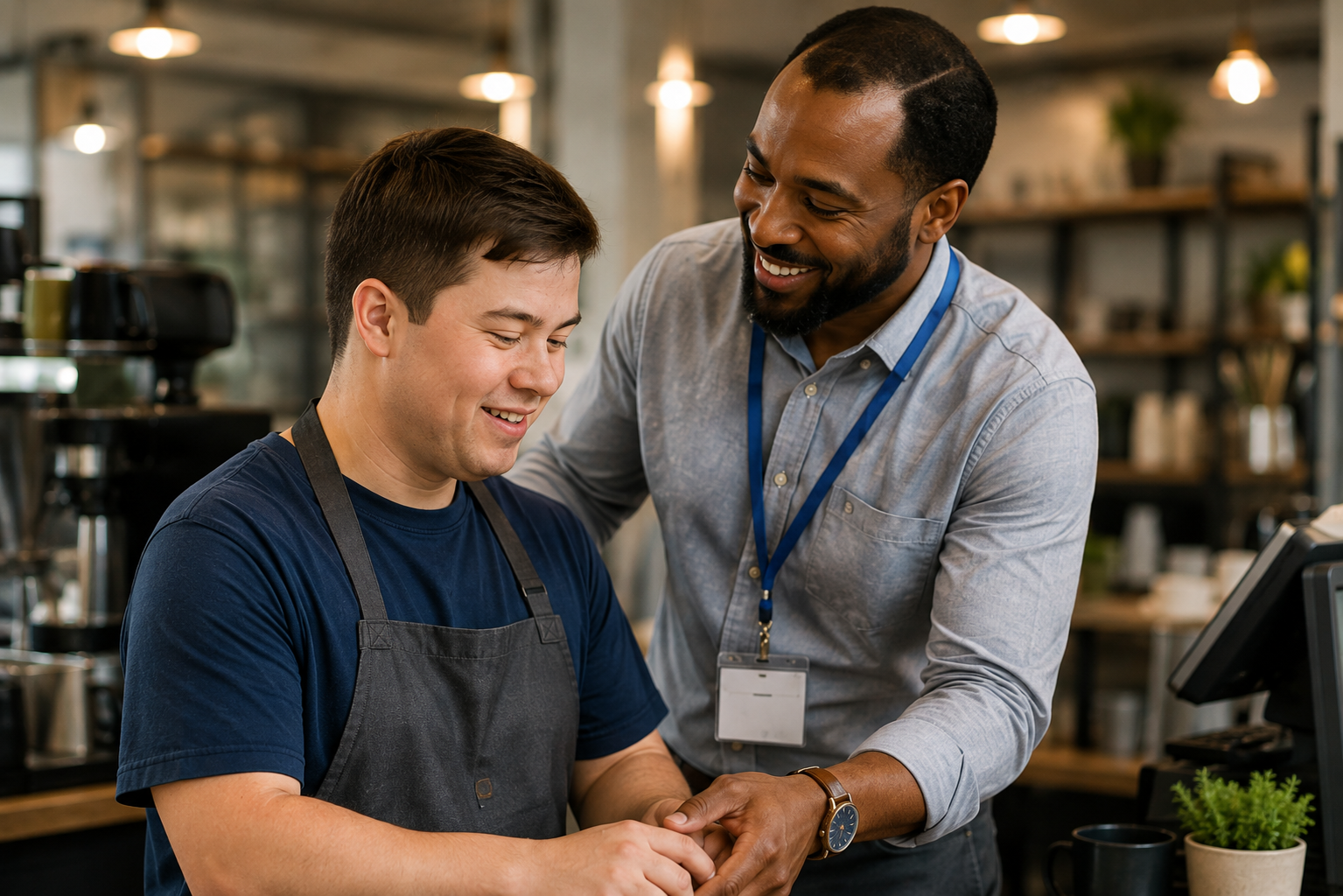 A smiling male support worker with a hand on the shoulder of a smiling young adult