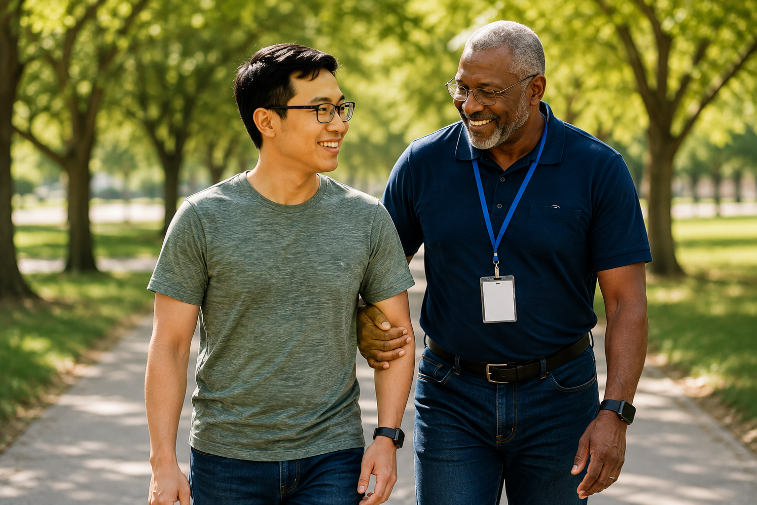 A smiling young man walking outdoors on a tree-lined path with an older male support worker