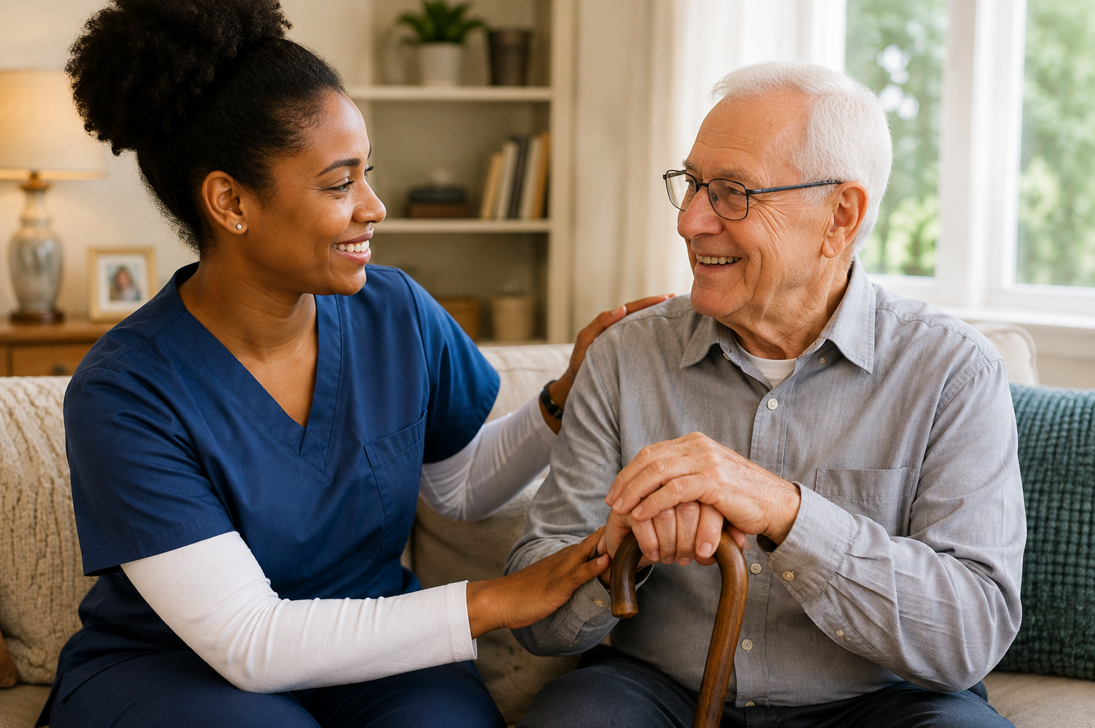 A smiling Black female support worker sitting with an older man, her hand on his shoulder as he holds his cane