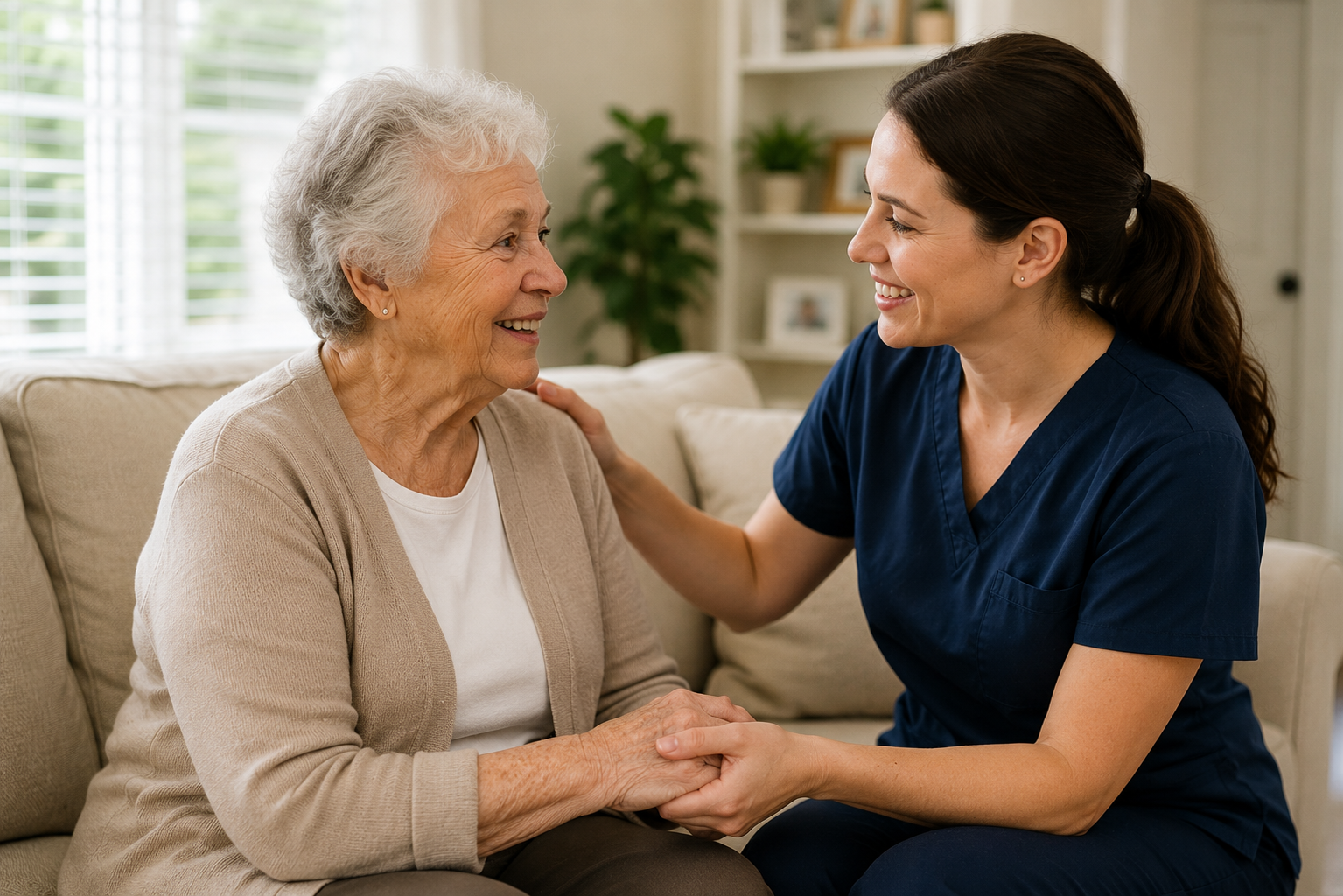 A smiling female support worker with a hand on the shoulder of a smiling older woman as they hold hands together on a couch