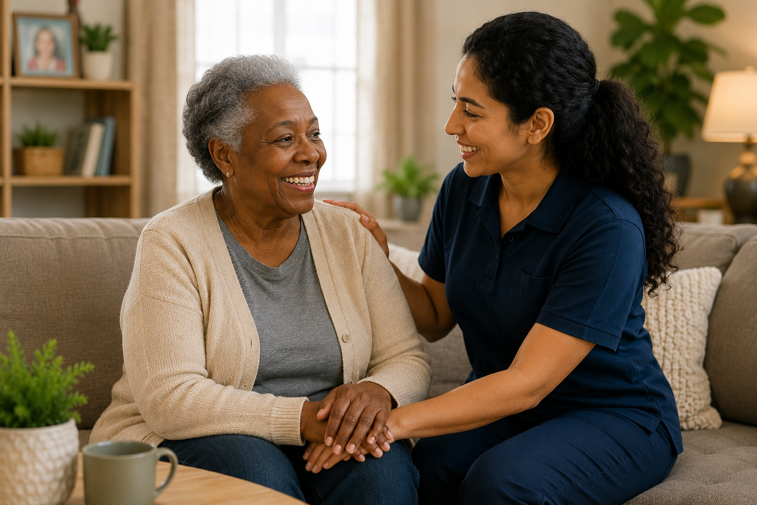 A smiling support worker with a hand on the shoulder of a smiling older woman as they hold hands together on a couch