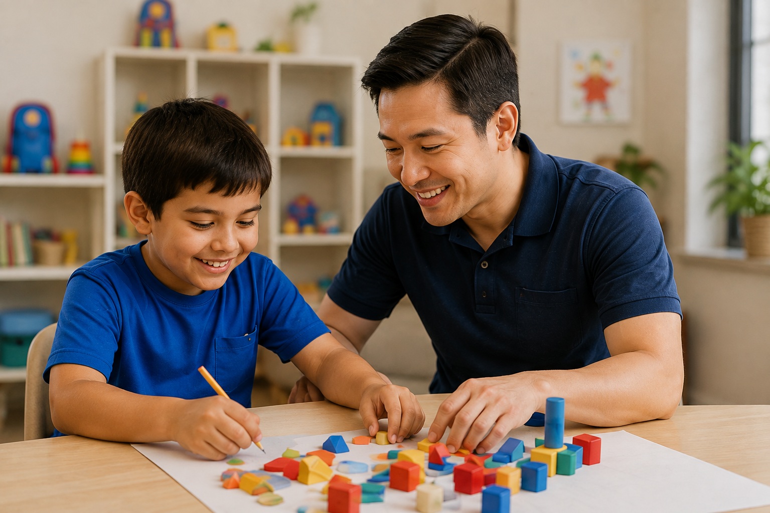 A smiling young boy drawing and building with colorful blocks alongside a male support worker during a behavioral health activity