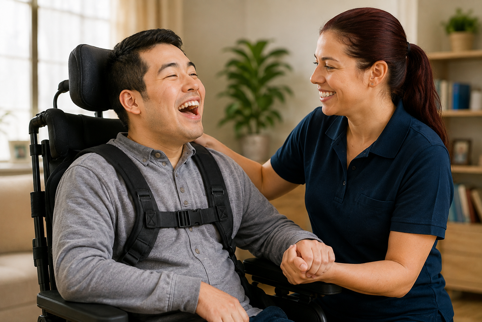 A laughing wheelchair user holding hands and smiling with a female support worker