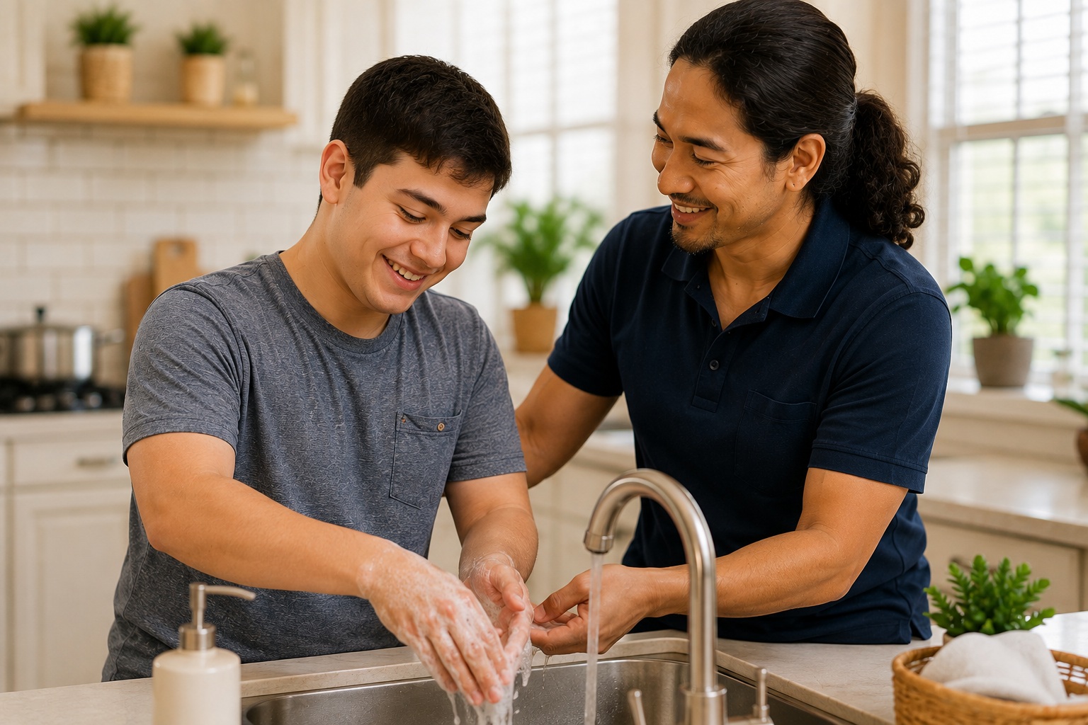 A smiling young man washing his hands at the kitchen sink alongside a support worker