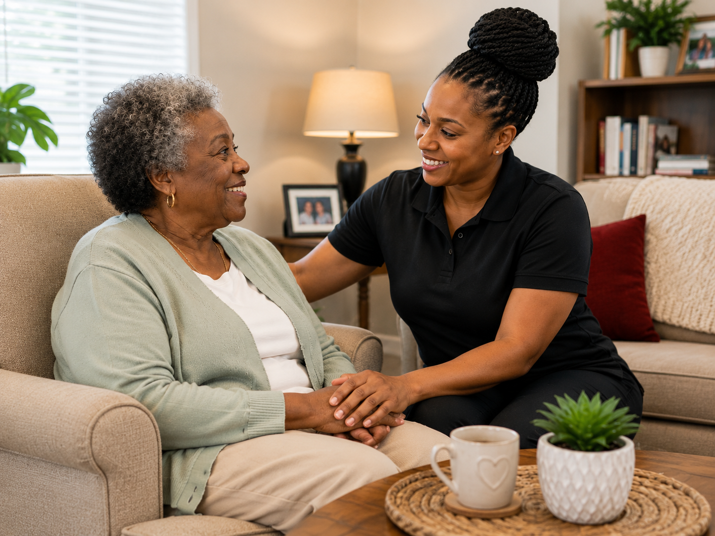 A caregiver holding hands with an older woman, both smiling warmly
