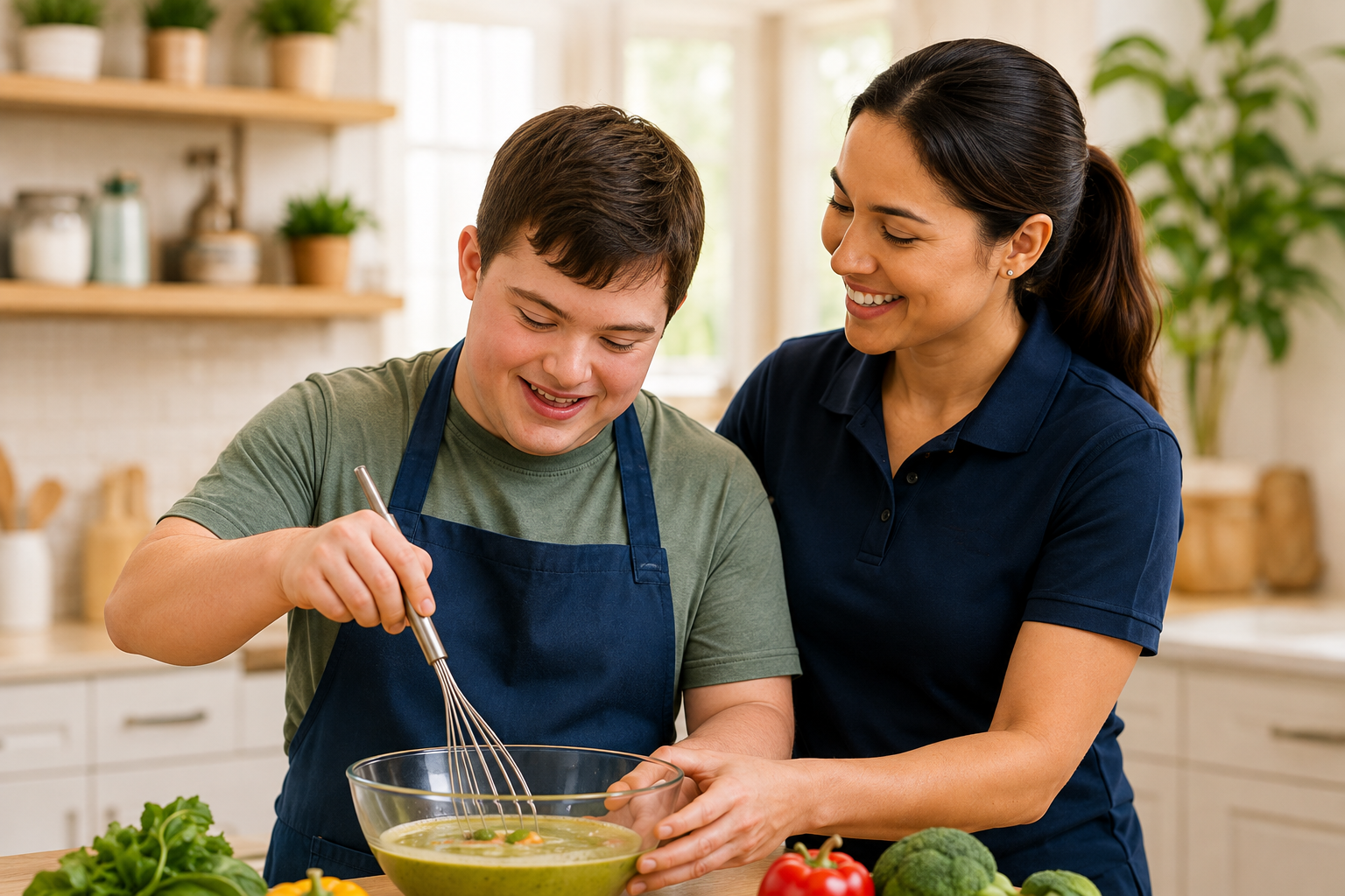 A caregiver helping a smiling young man with Down syndrome whisk ingredients in a bowl during a cooking activity in a home kitchen