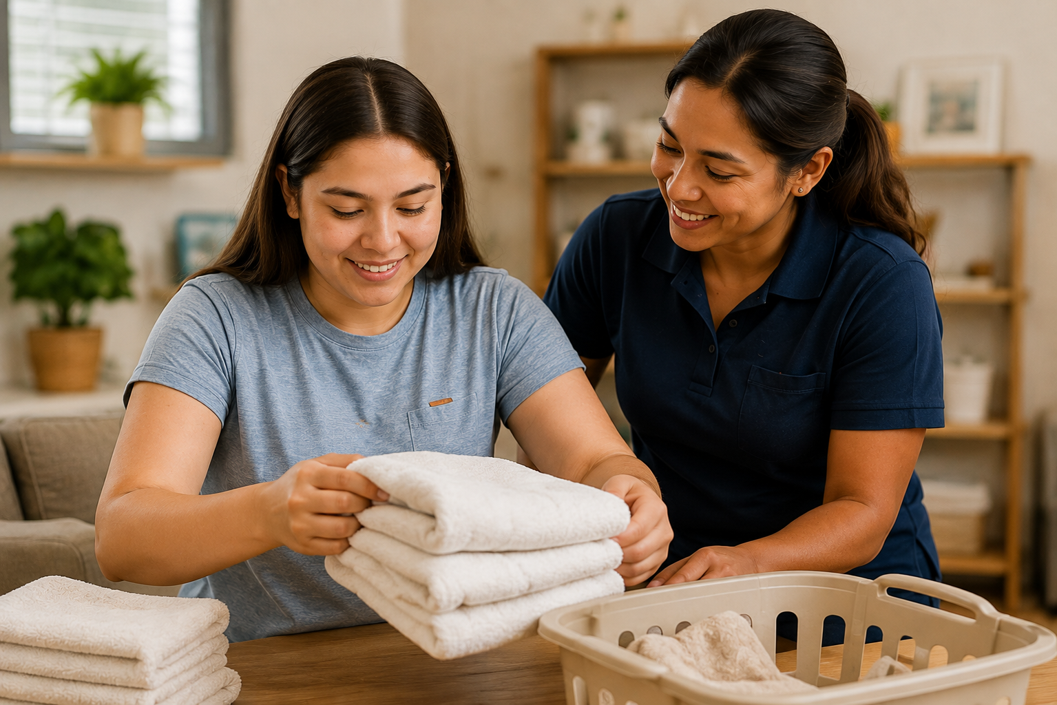 A smiling young woman folding towels together with a female support worker
