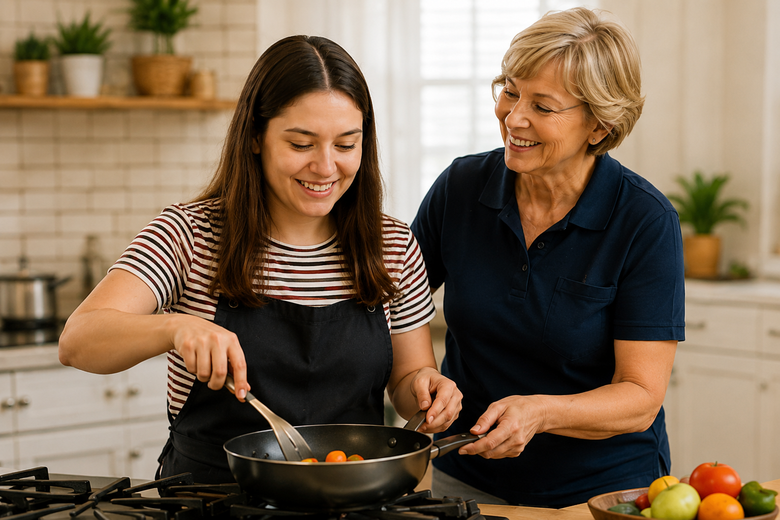 A young adult and an older adult smiling together while preparing a meal at the stove during an in-home care visit