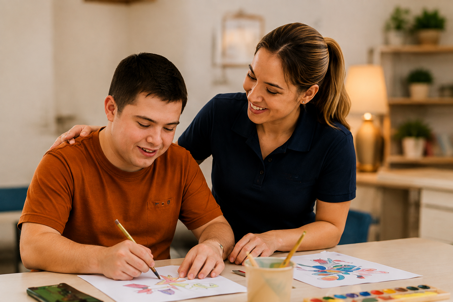 A smiling young adult painting at a table while a female support worker rests a hand on his shoulder