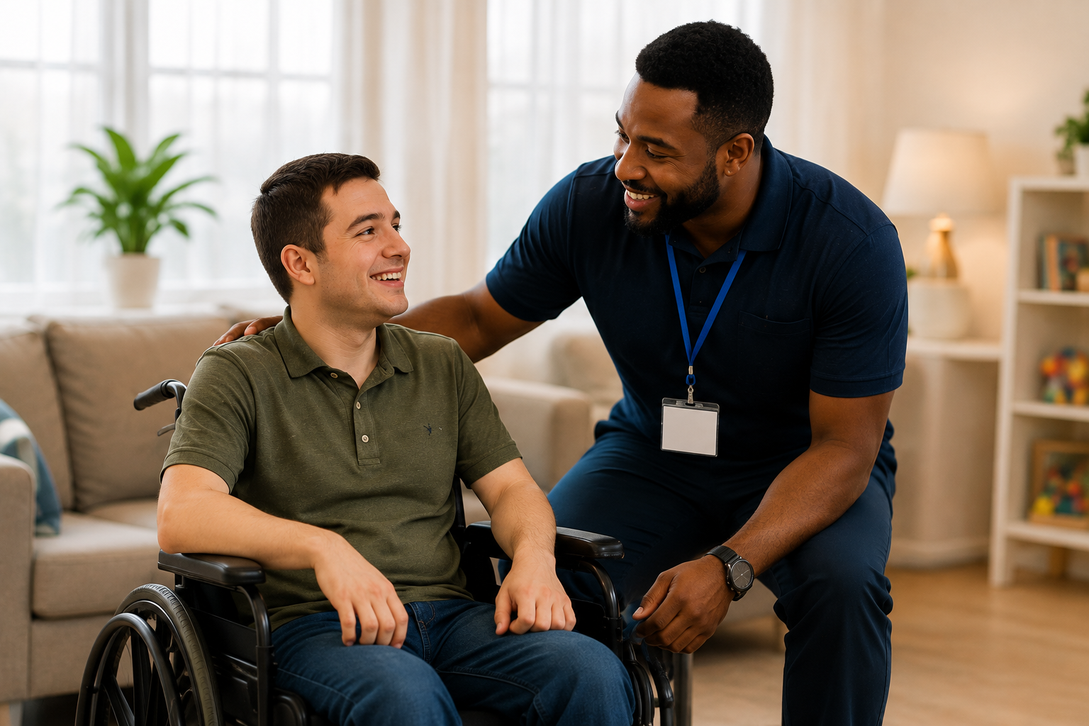A smiling male support worker with a hand on the shoulder of a smiling younger client seated in a wheelchair