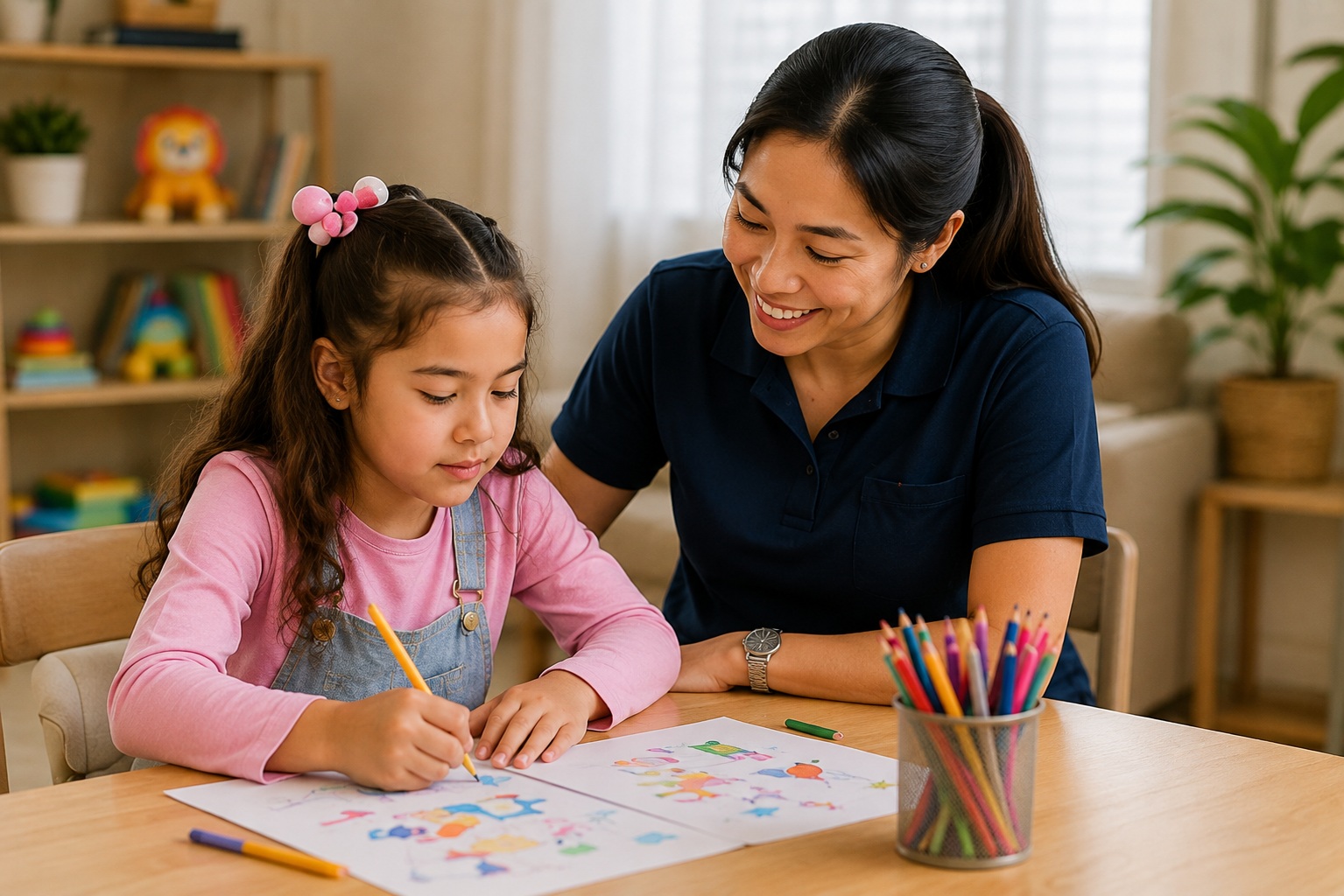 A smiling female support worker sitting with a young girl as she draws at a table